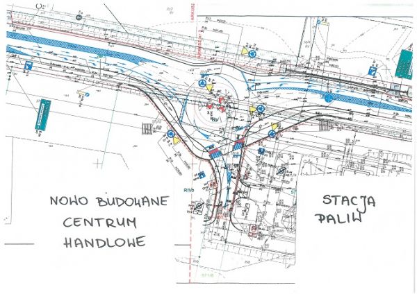 schemat nowo budowanego układu komunikacyjnego przy centrum handlowym.